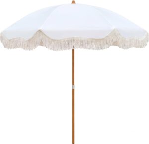 AMMSUN Boho Fringe Umbrella, 6.5ft Canvas Umbrella | Wood-inspired Finish Steel Pole, Vintage Tassels, UPF50+, Sturdy Frame, Push Button Tilt, Easy to Set Up, Antique White