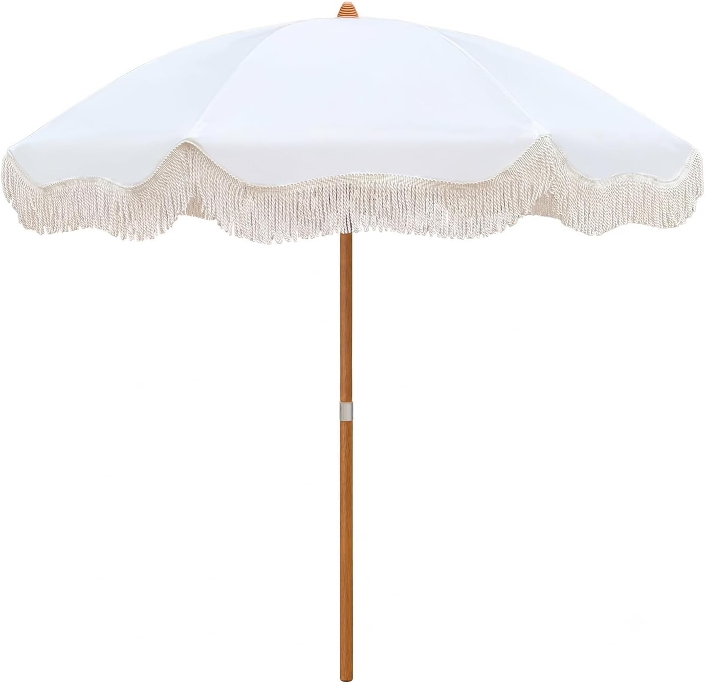 AMMSUN Boho Fringe Umbrella, 6.5ft Canvas Umbrella | Wood-inspired Finish Steel Pole, Vintage Tassels, UPF50+, Sturdy Frame, Push Button Tilt, Easy to Set Up, Antique White
