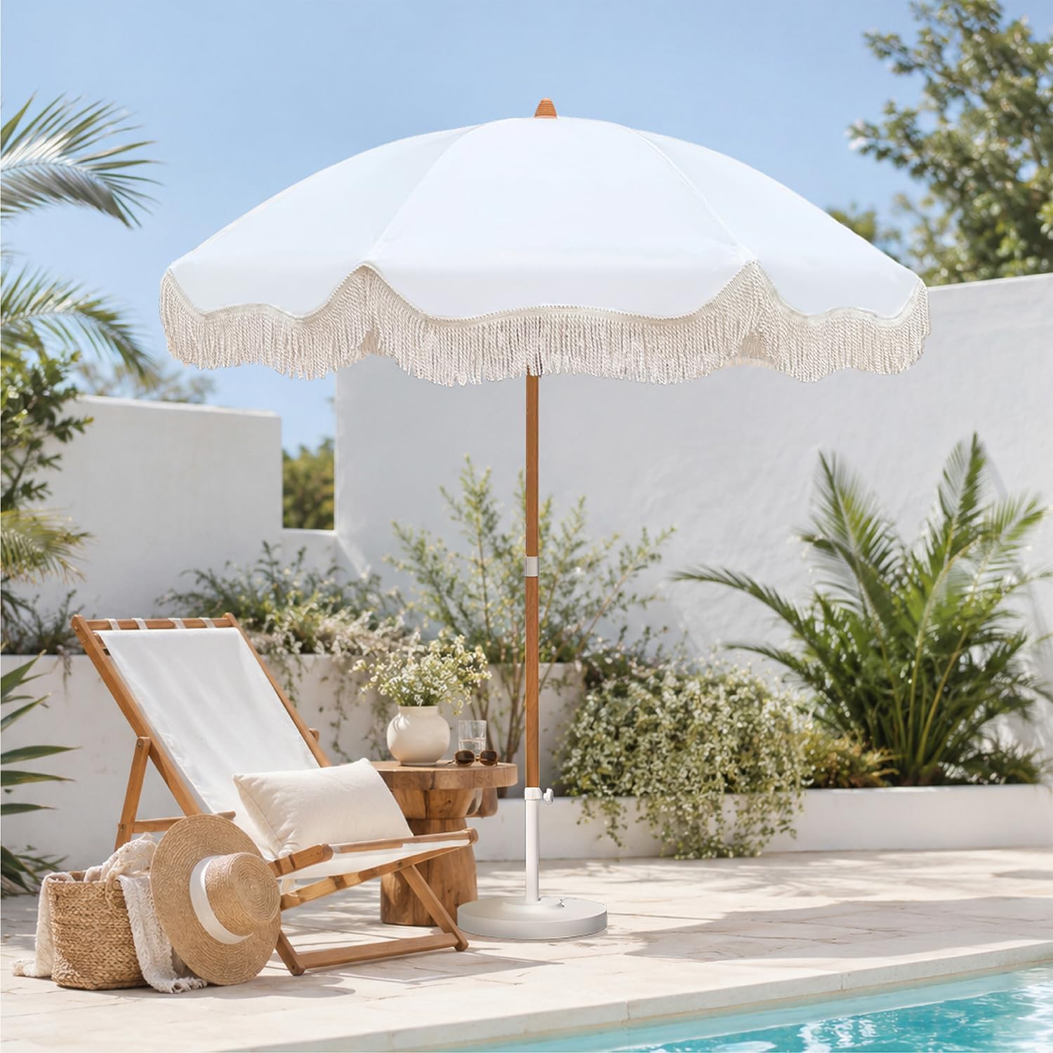 AMMSUN Boho Fringe Umbrella, 6.5ft Canvas Umbrella | Wood-inspired Finish Steel Pole, Vintage Tassels, UPF50+, Sturdy Frame, Push Button Tilt, Easy to Set Up, Antique White - Image 2