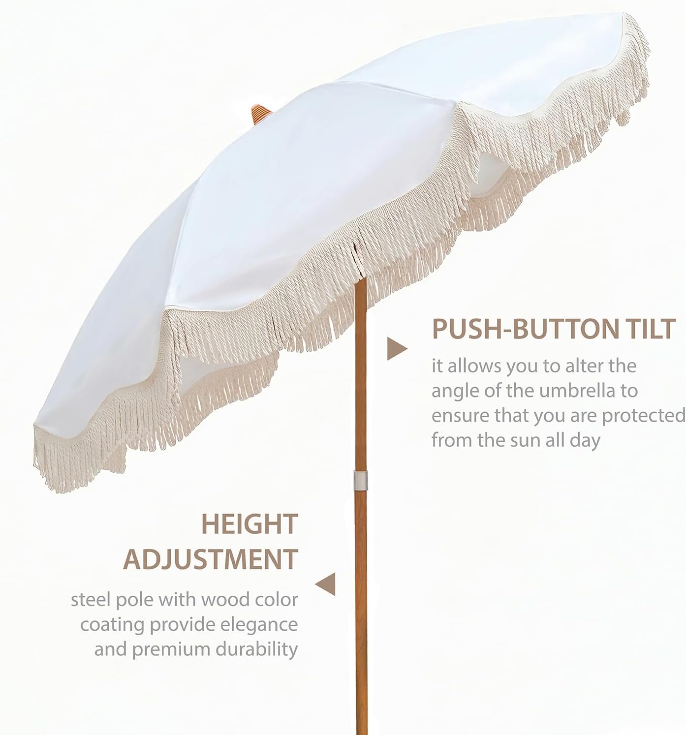 AMMSUN Boho Fringe Umbrella, 6.5ft Canvas Umbrella | Wood-inspired Finish Steel Pole, Vintage Tassels, UPF50+, Sturdy Frame, Push Button Tilt, Easy to Set Up, Antique White - Image 3