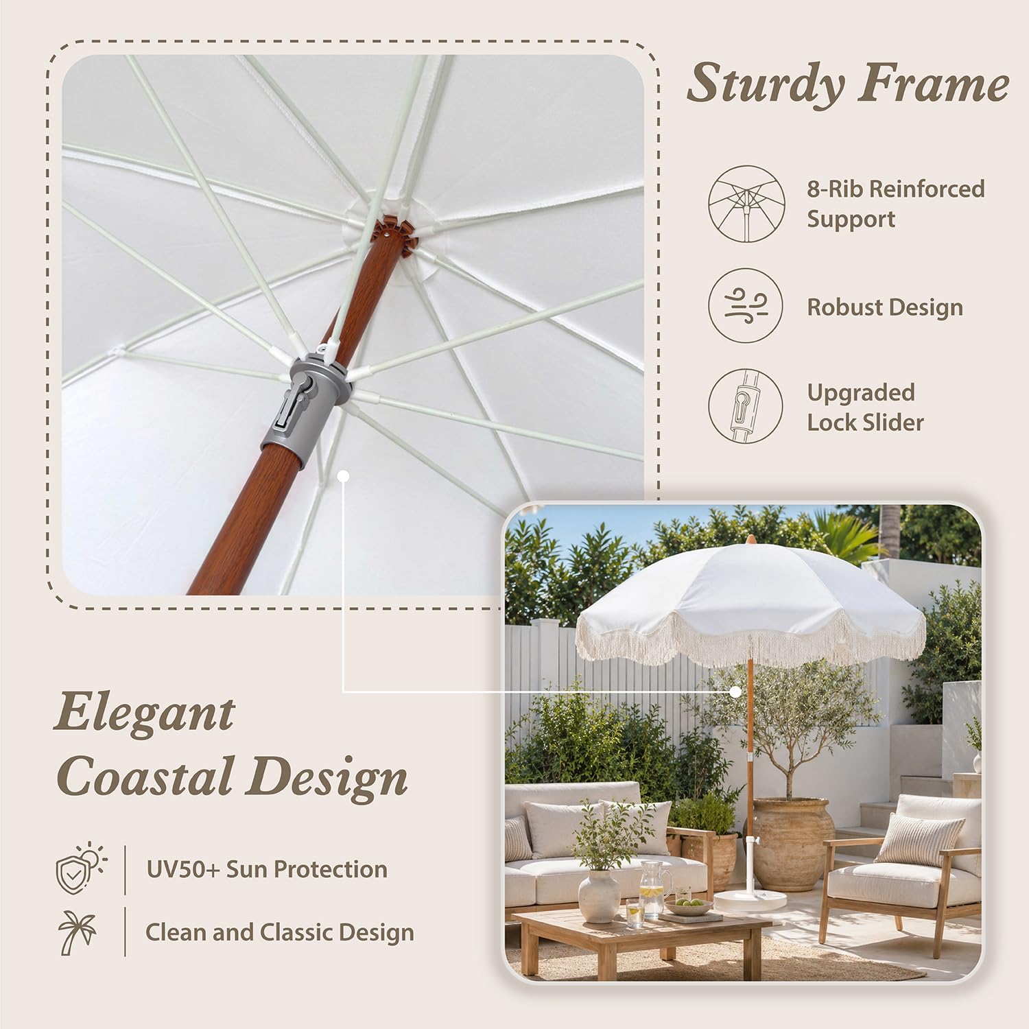 AMMSUN Boho Fringe Umbrella, 6.5ft Canvas Umbrella | Wood-inspired Finish Steel Pole, Vintage Tassels, UPF50+, Sturdy Frame, Push Button Tilt, Easy to Set Up, Antique White - Image 4