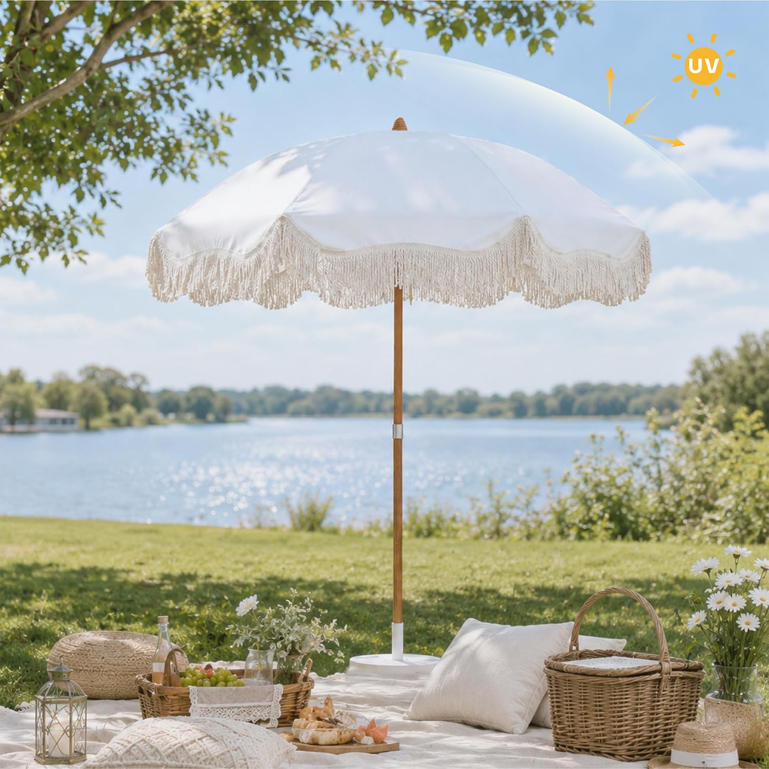AMMSUN Boho Fringe Umbrella, 6.5ft Canvas Umbrella | Wood-inspired Finish Steel Pole, Vintage Tassels, UPF50+, Sturdy Frame, Push Button Tilt, Easy to Set Up, Antique White - Image 7