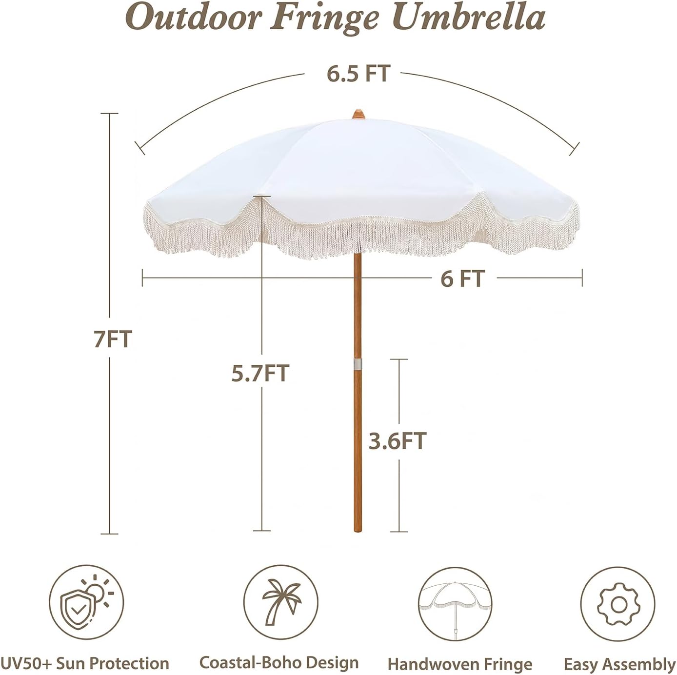AMMSUN Boho Fringe Umbrella, 6.5ft Canvas Umbrella | Wood-inspired Finish Steel Pole, Vintage Tassels, UPF50+, Sturdy Frame, Push Button Tilt, Easy to Set Up, Antique White - Image 8