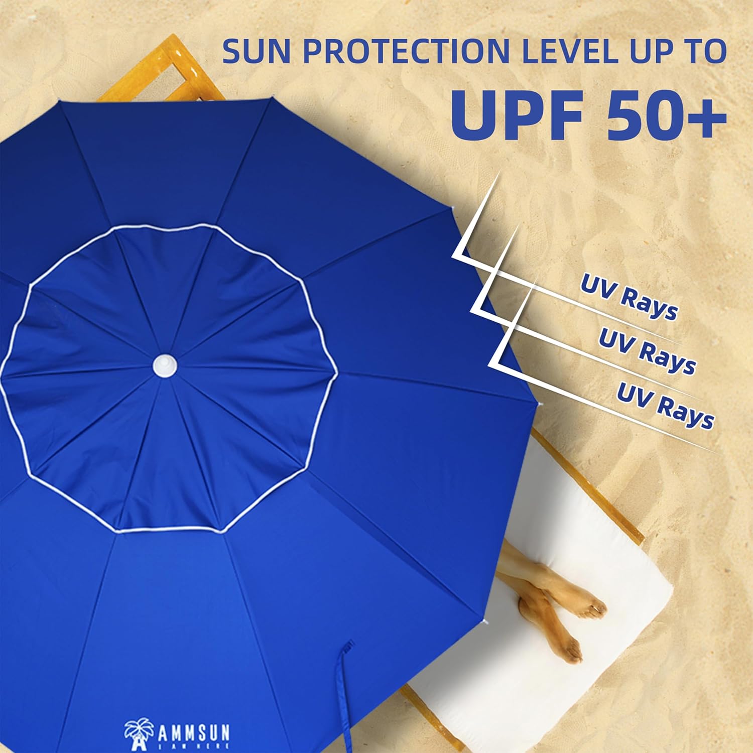 AMMSUN 8 Feet Large Beach Umbrella with Sand Anchor Heavy Duty High Wind Portable Outdoor Umbrellas UV 50+ Protection Air Vent Tilt Patio Garden Pool - Image 2