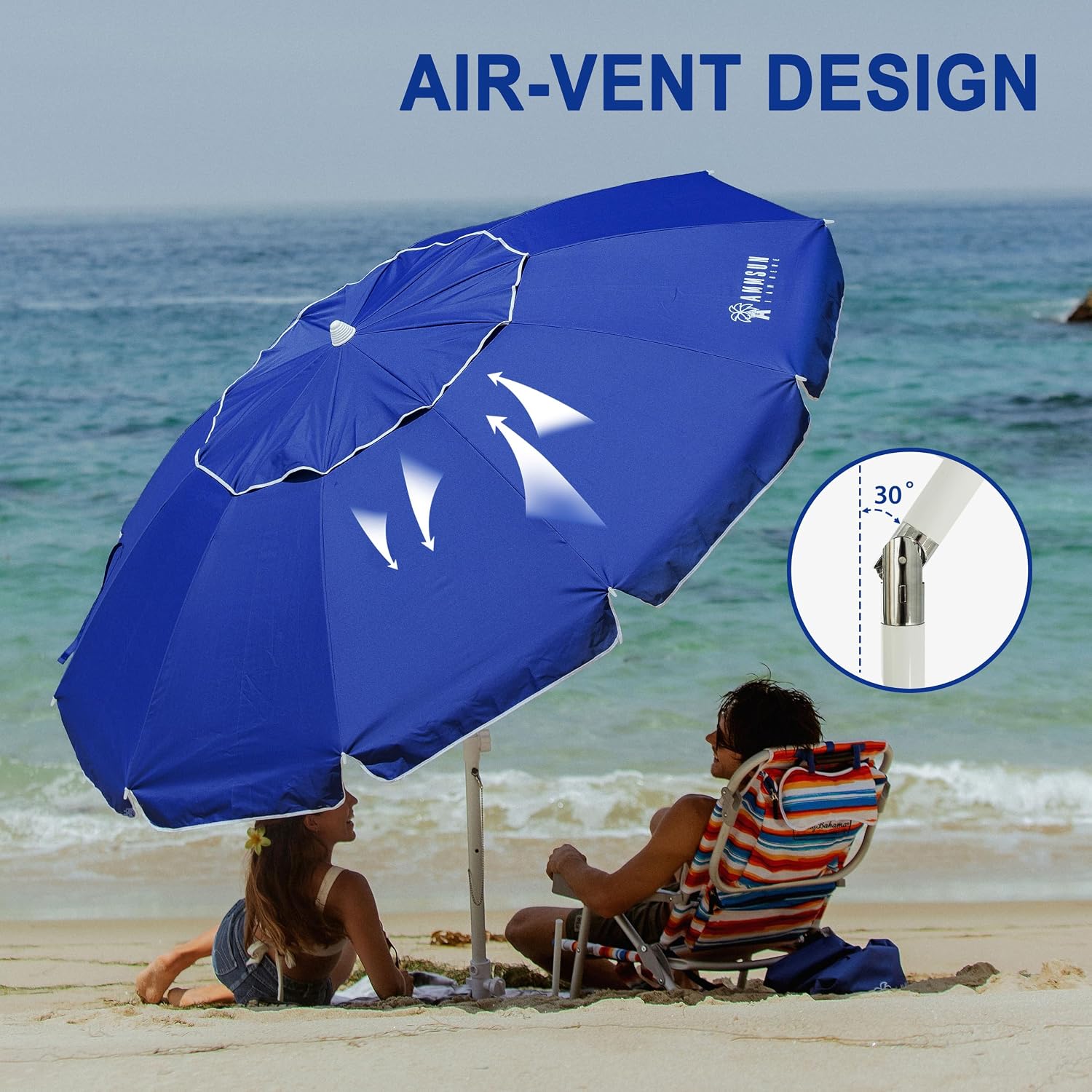 AMMSUN 8 Feet Large Beach Umbrella with Sand Anchor Heavy Duty High Wind Portable Outdoor Umbrellas UV 50+ Protection Air Vent Tilt Patio Garden Pool - Image 3