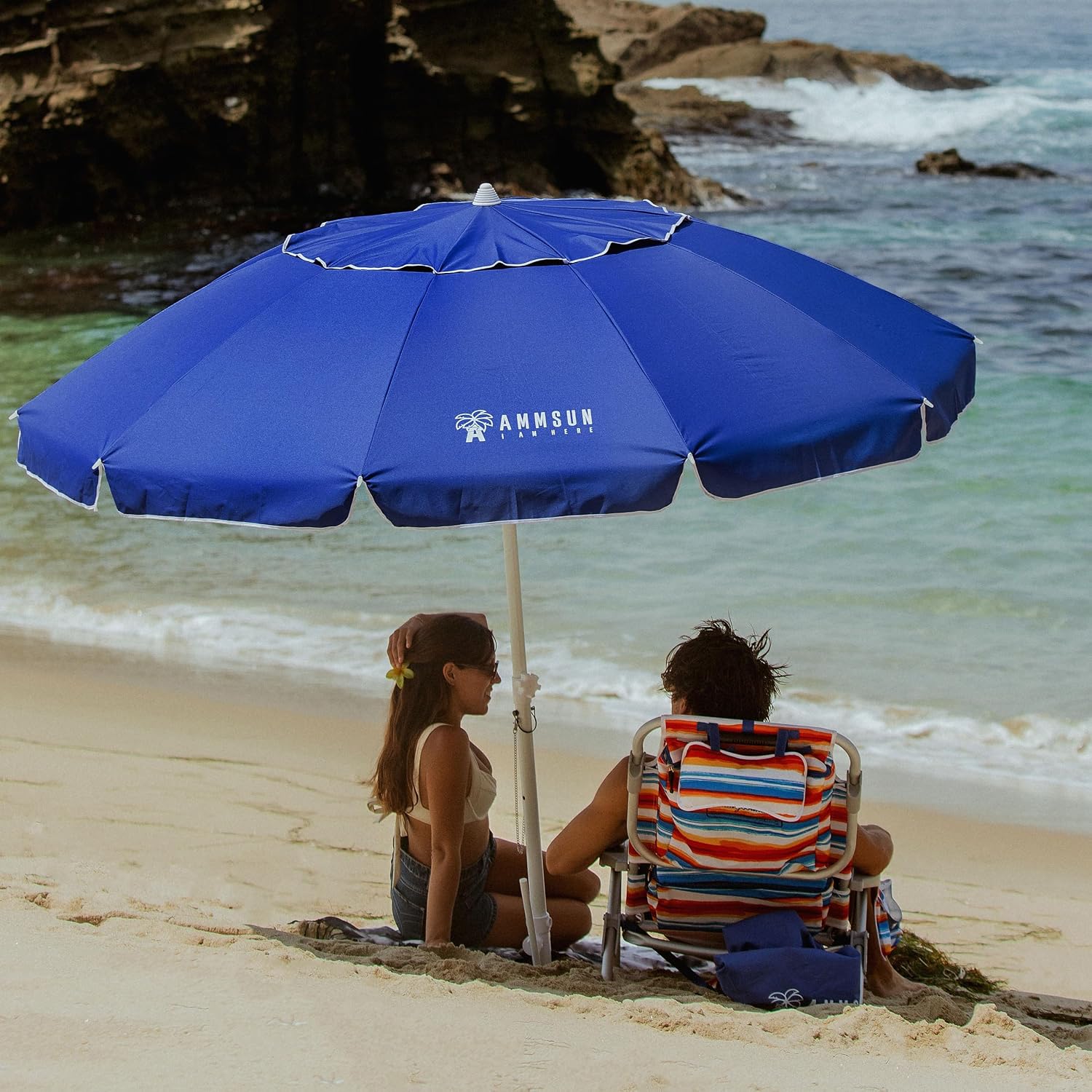 AMMSUN 8 Feet Large Beach Umbrella with Sand Anchor Heavy Duty High Wind Portable Outdoor Umbrellas UV 50+ Protection Air Vent Tilt Patio Garden Pool - Image 5