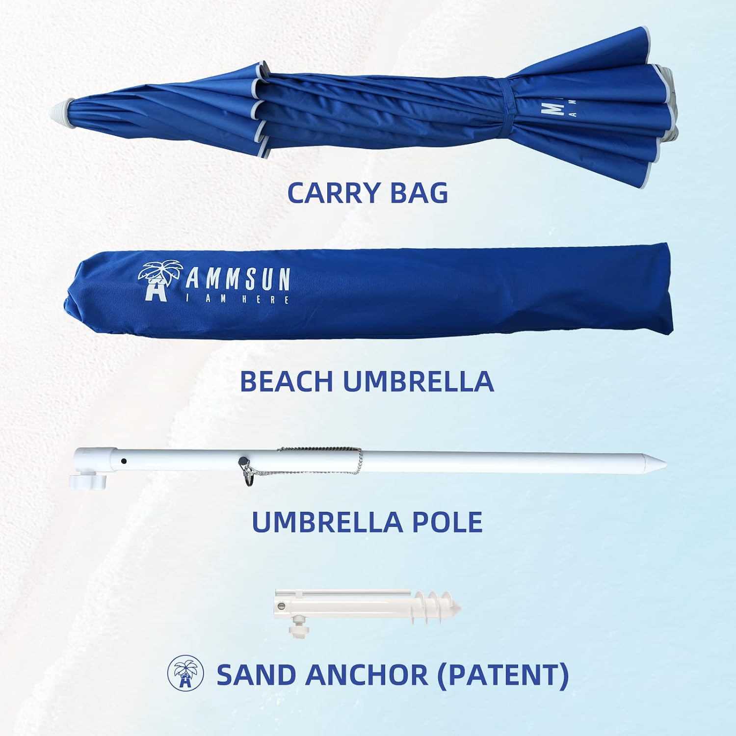 AMMSUN 8 Feet Large Beach Umbrella with Sand Anchor Heavy Duty High Wind Portable Outdoor Umbrellas UV 50+ Protection Air Vent Tilt Patio Garden Pool - Image 7