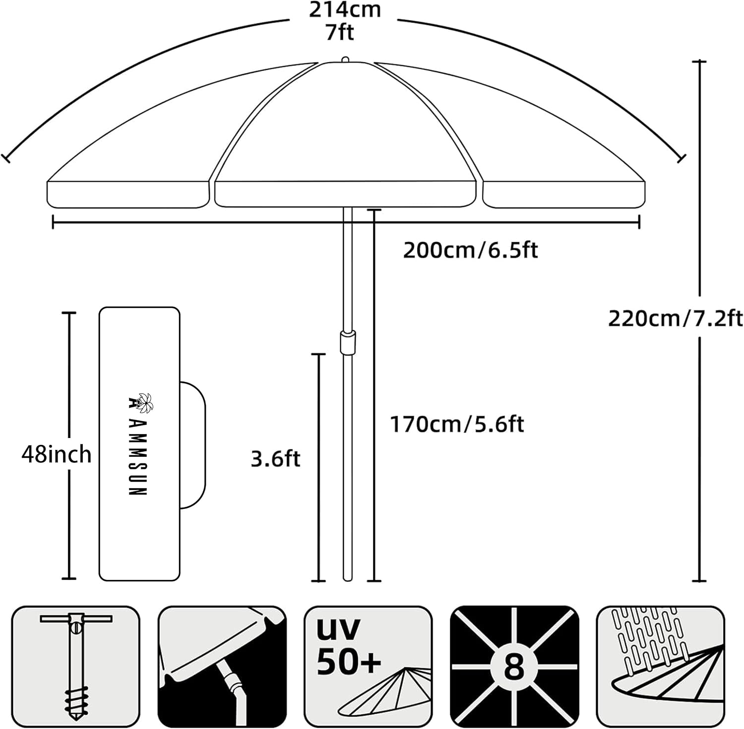 AMMSUN 7ft Heavy Duty High Wind Beach Umbrella with Sand Anchor & Tilt Sun Shelter UPF 50+ Protection Outdoor Sunshade Umbrellas Carry Bag for Patio Garden Pool Backyard Teal - Image 7